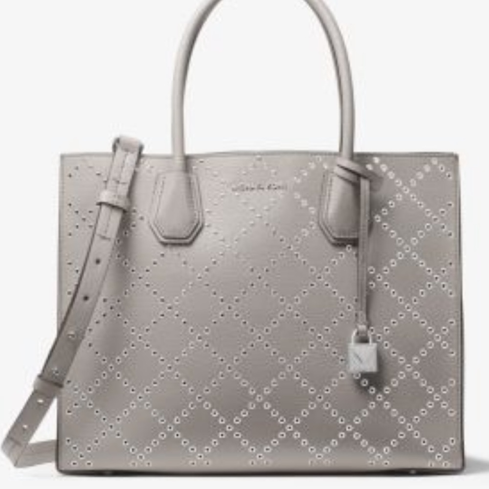 Grey Mercer Grommeted Pebbled Leather Tote Bag By Michael Kors